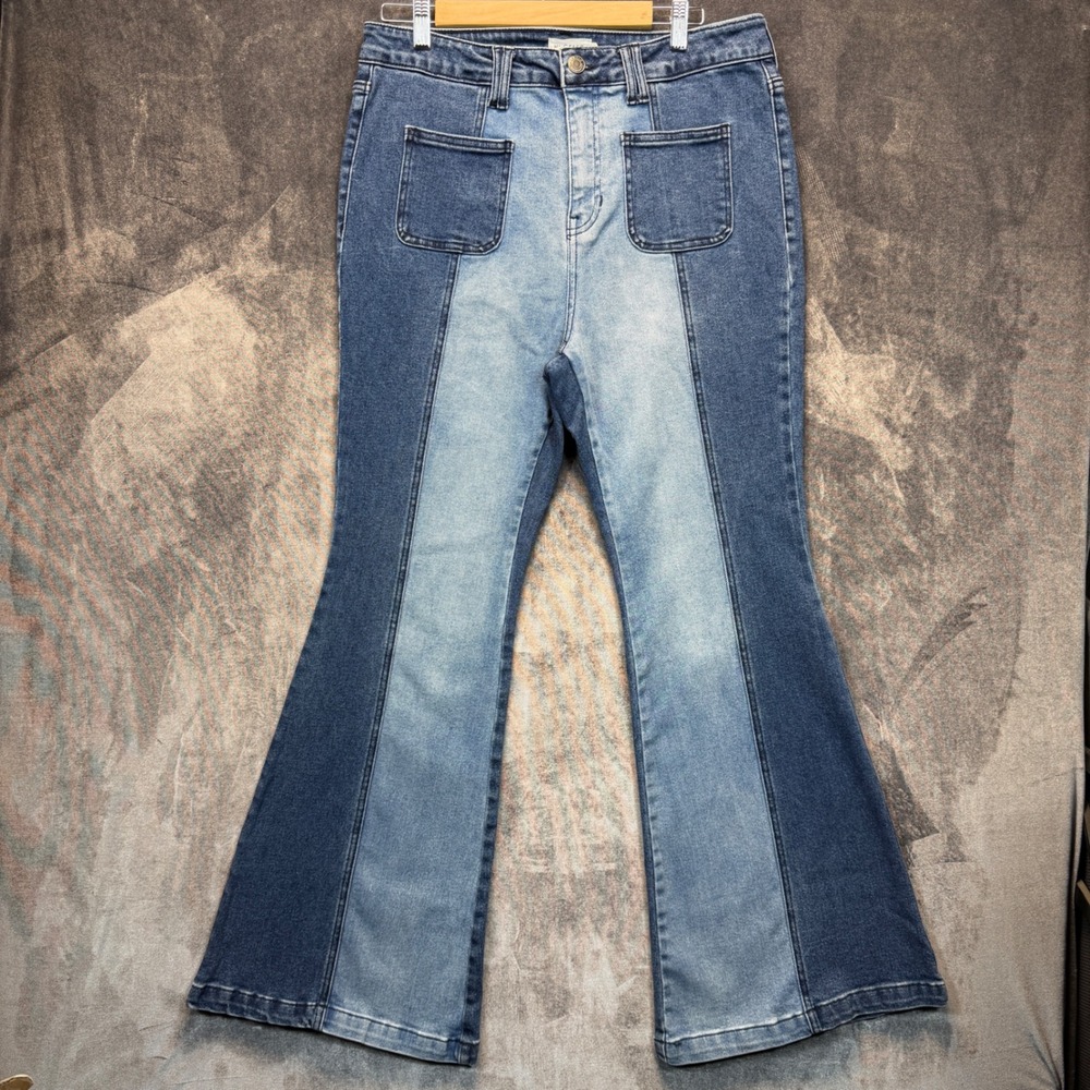 Ms. Cello Jeans Womens 14 Blue Cotton Blend Flare High Rise Two Tone Patchwork
